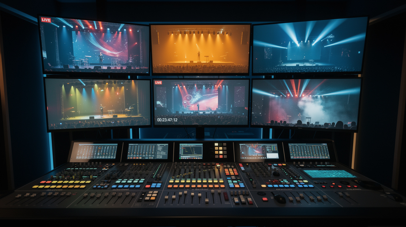 Broadcast control room with monitors showing live camera feeds