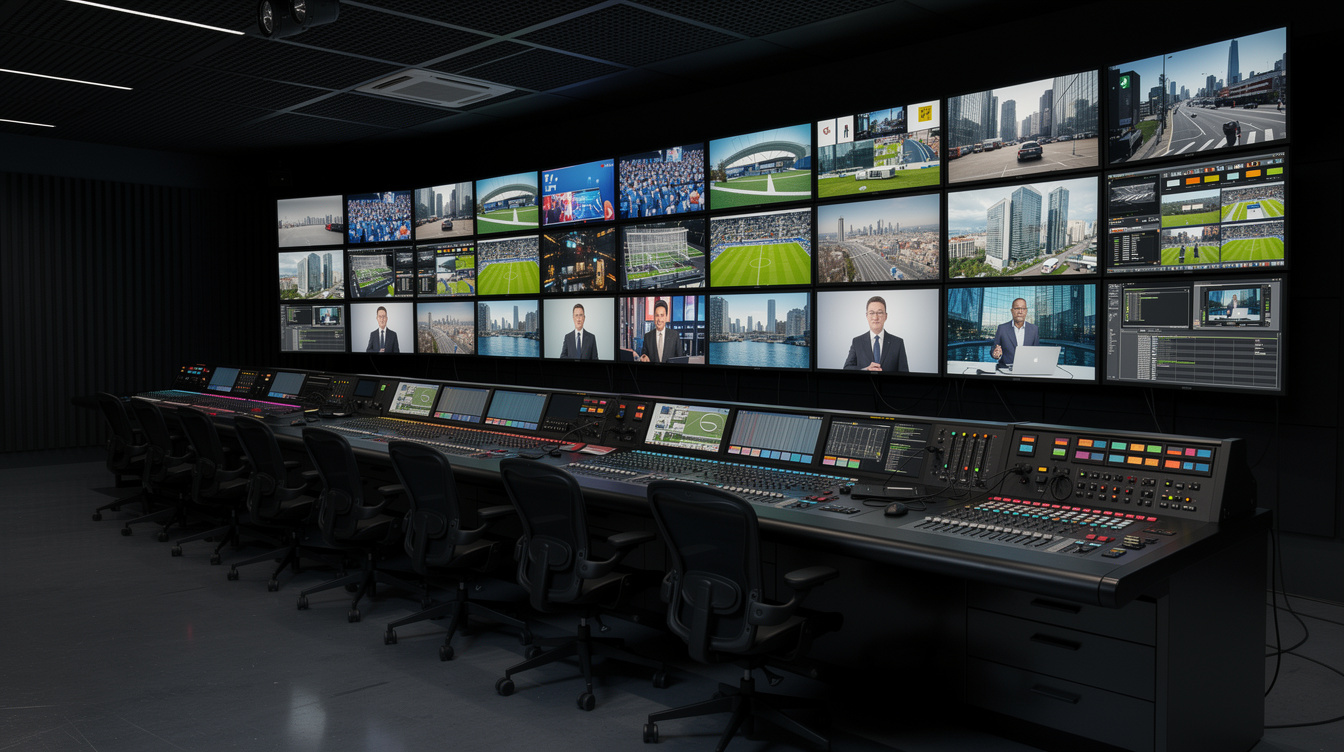 Production gallery room with a wall of monitors and a vision mixer desk