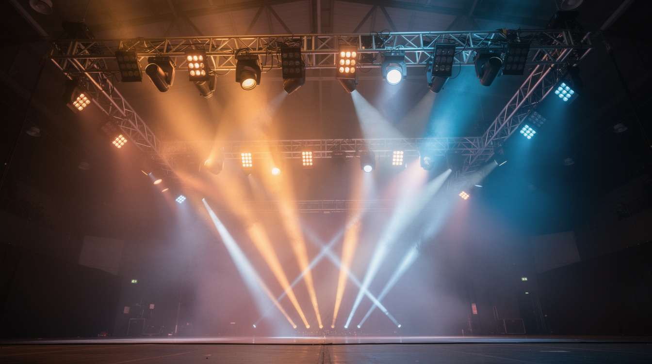 Stage lighting rig with colourful gels above an entertainment set