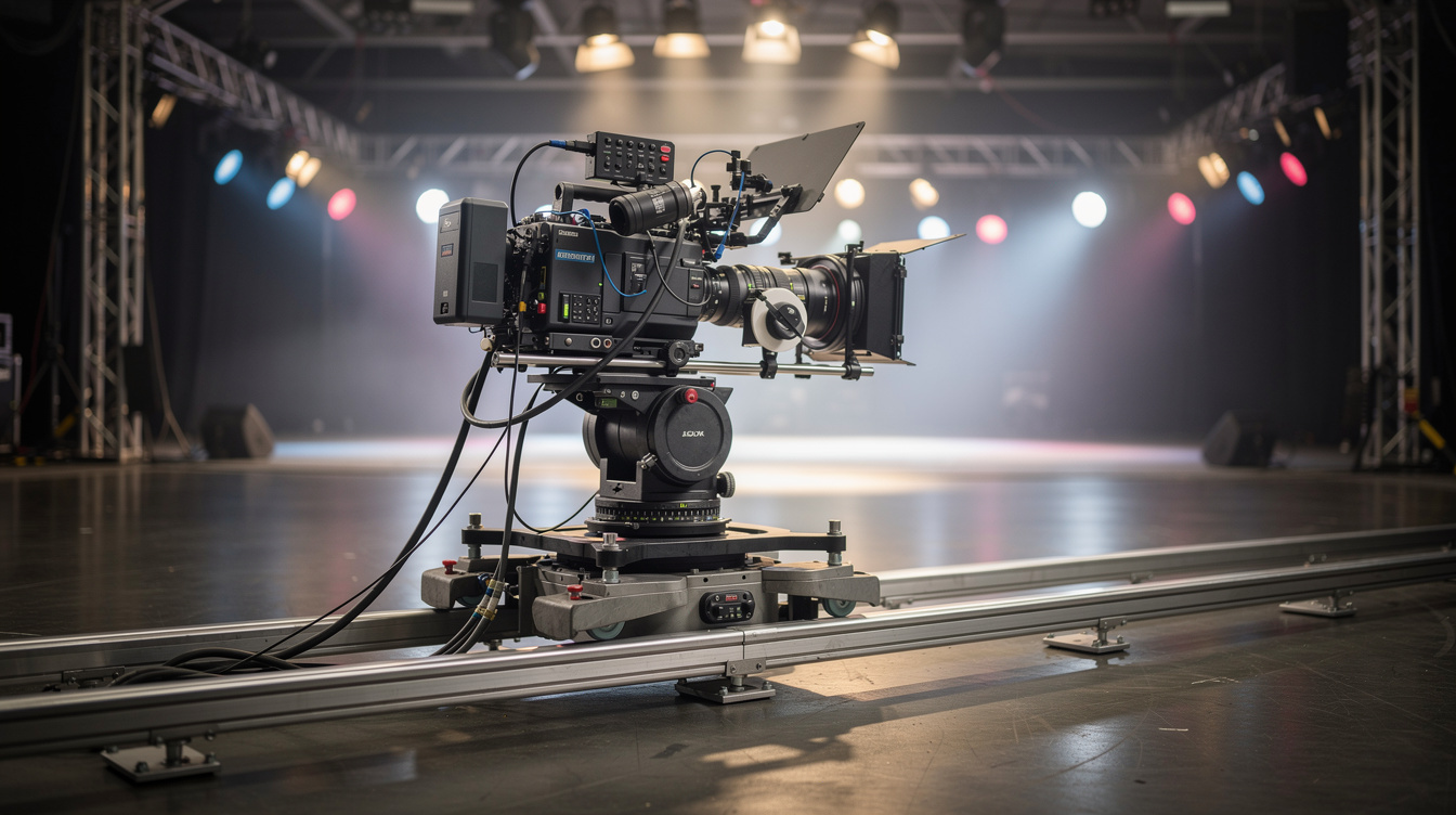 Broadcast camera mounted on a studio dolly track