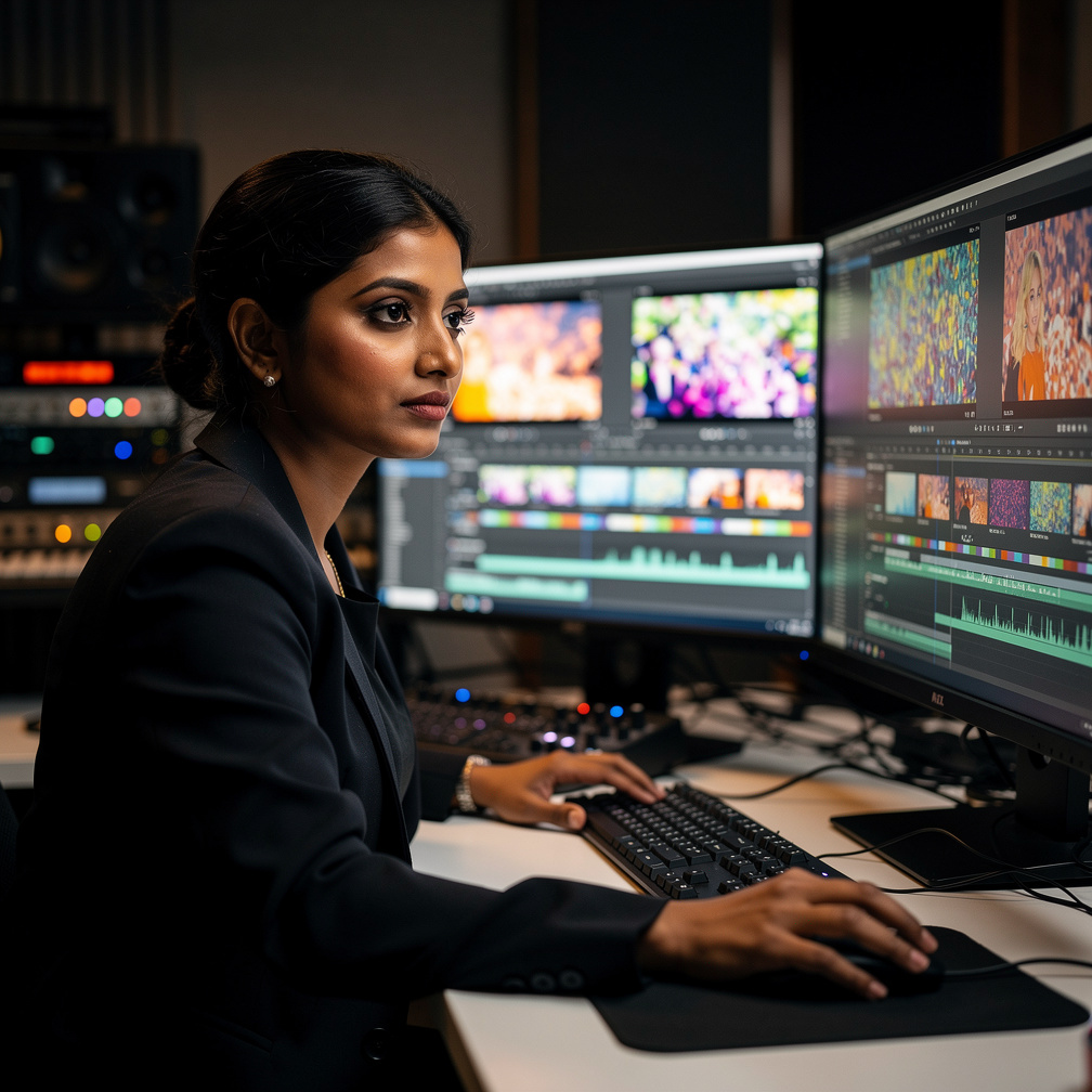 South Asian woman reviewing broadcast footage on multiple monitors