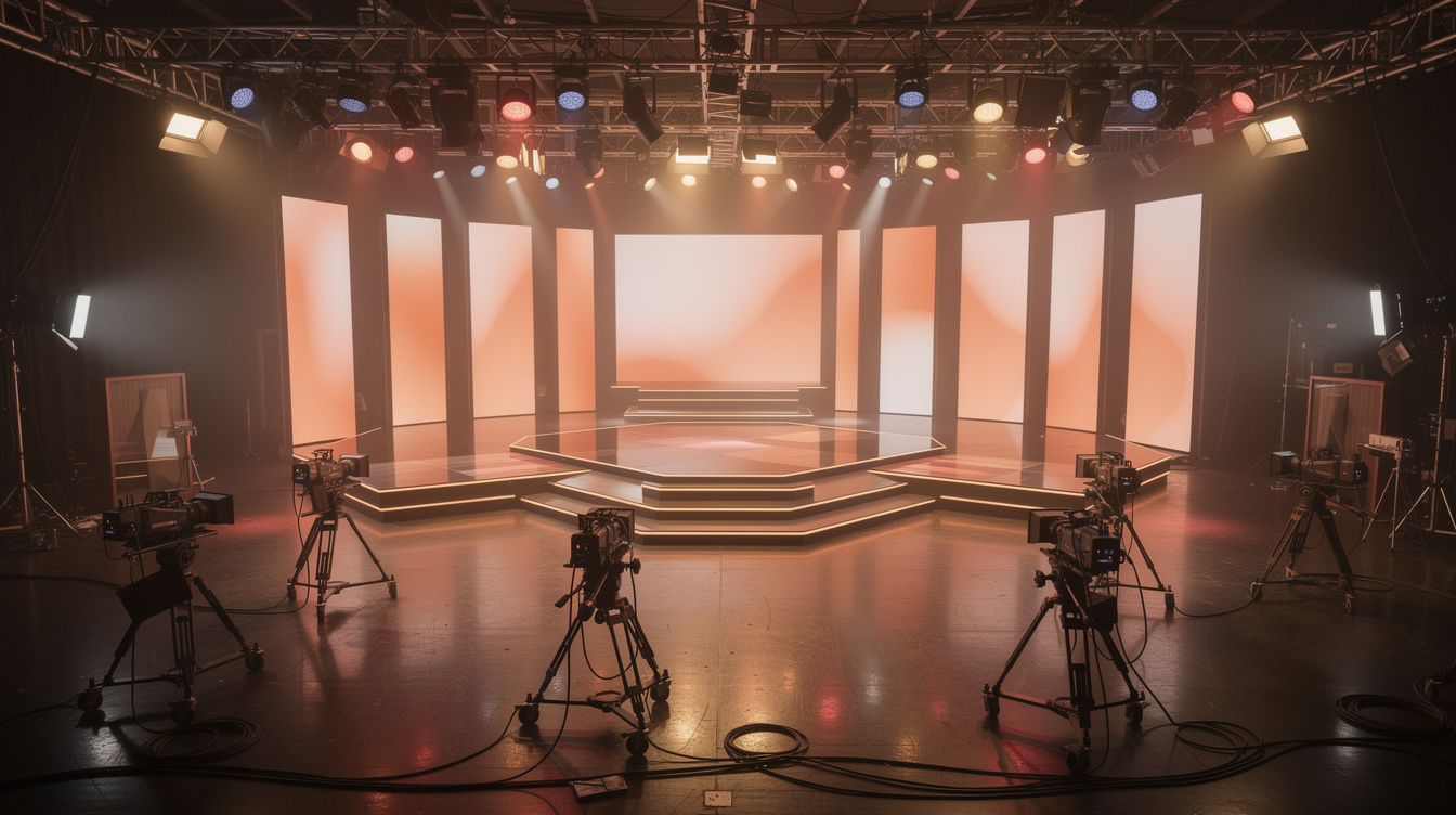 Empty entertainment show stage set with cameras and coloured lighting rigs