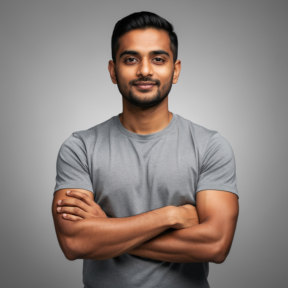 South Asian British man in his 30s, an audio engineer, studio headshot
