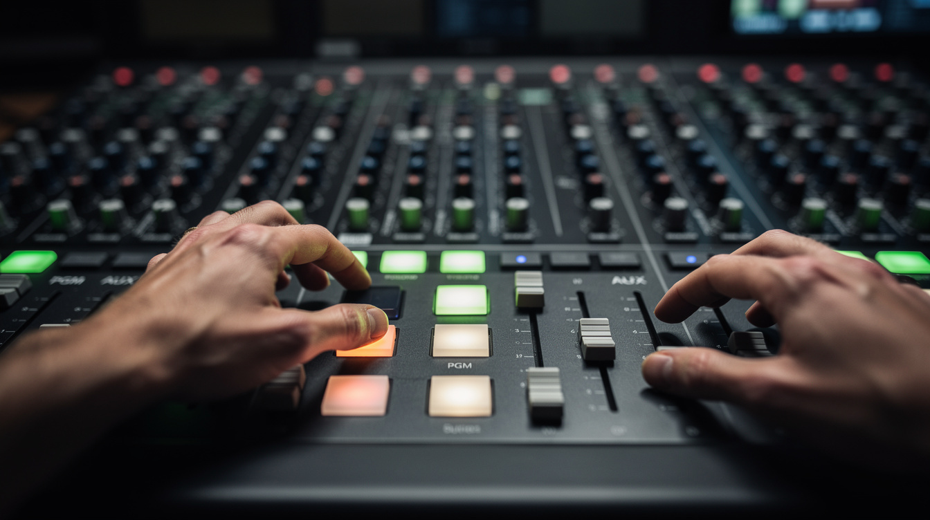 Close-up of hands operating a video switcher and audio mixing board