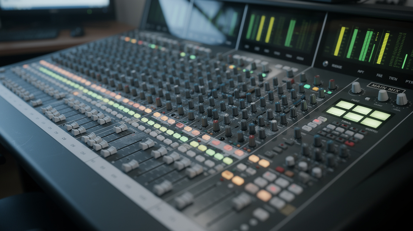 Audio mixing console with illuminated sliders in a studio