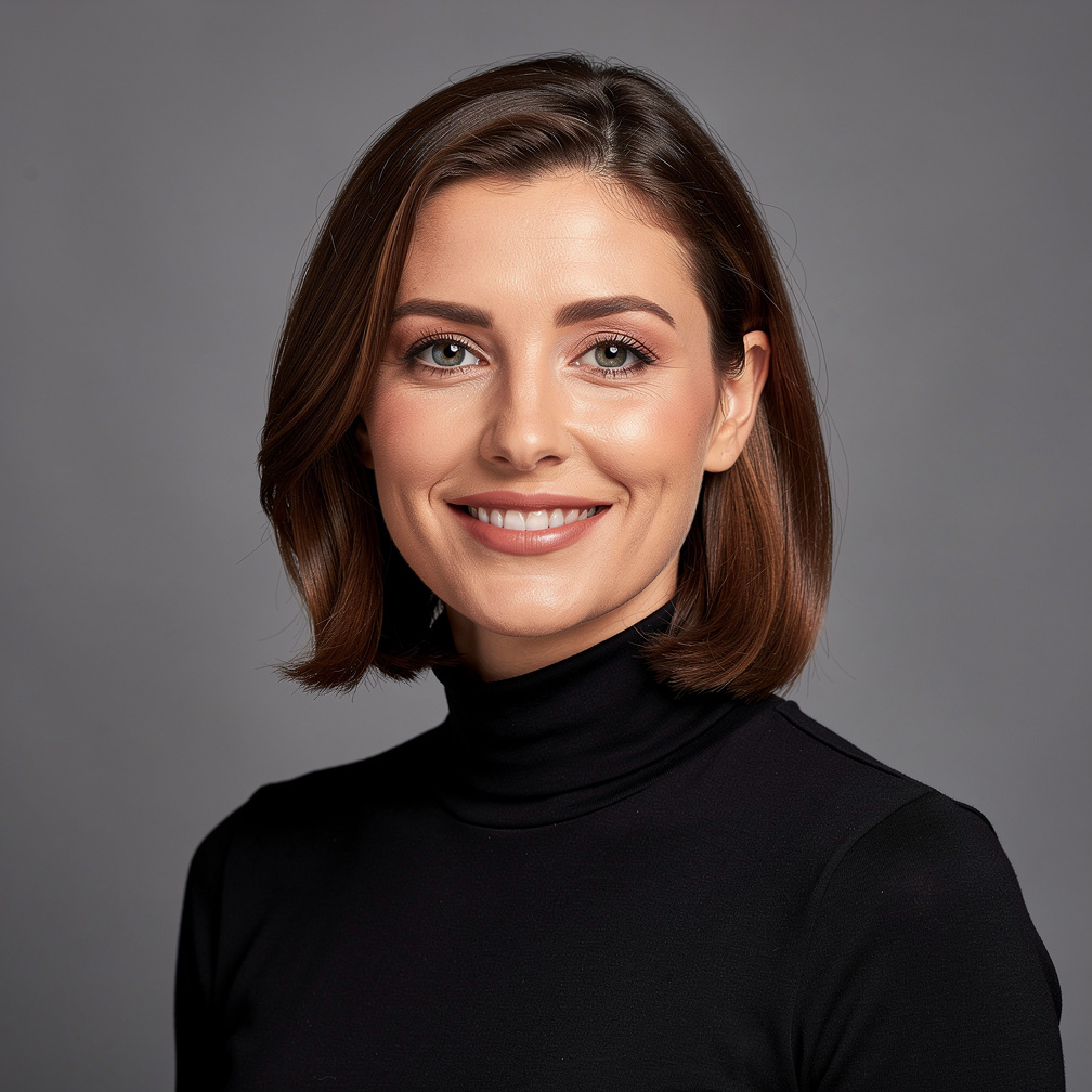 White British woman in her 30s, a lighting designer, studio headshot